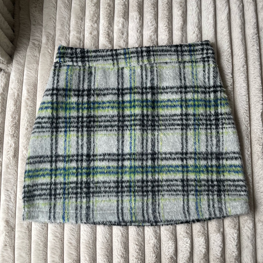Checkered Fuzzy Mini Skirt in Gray & Green